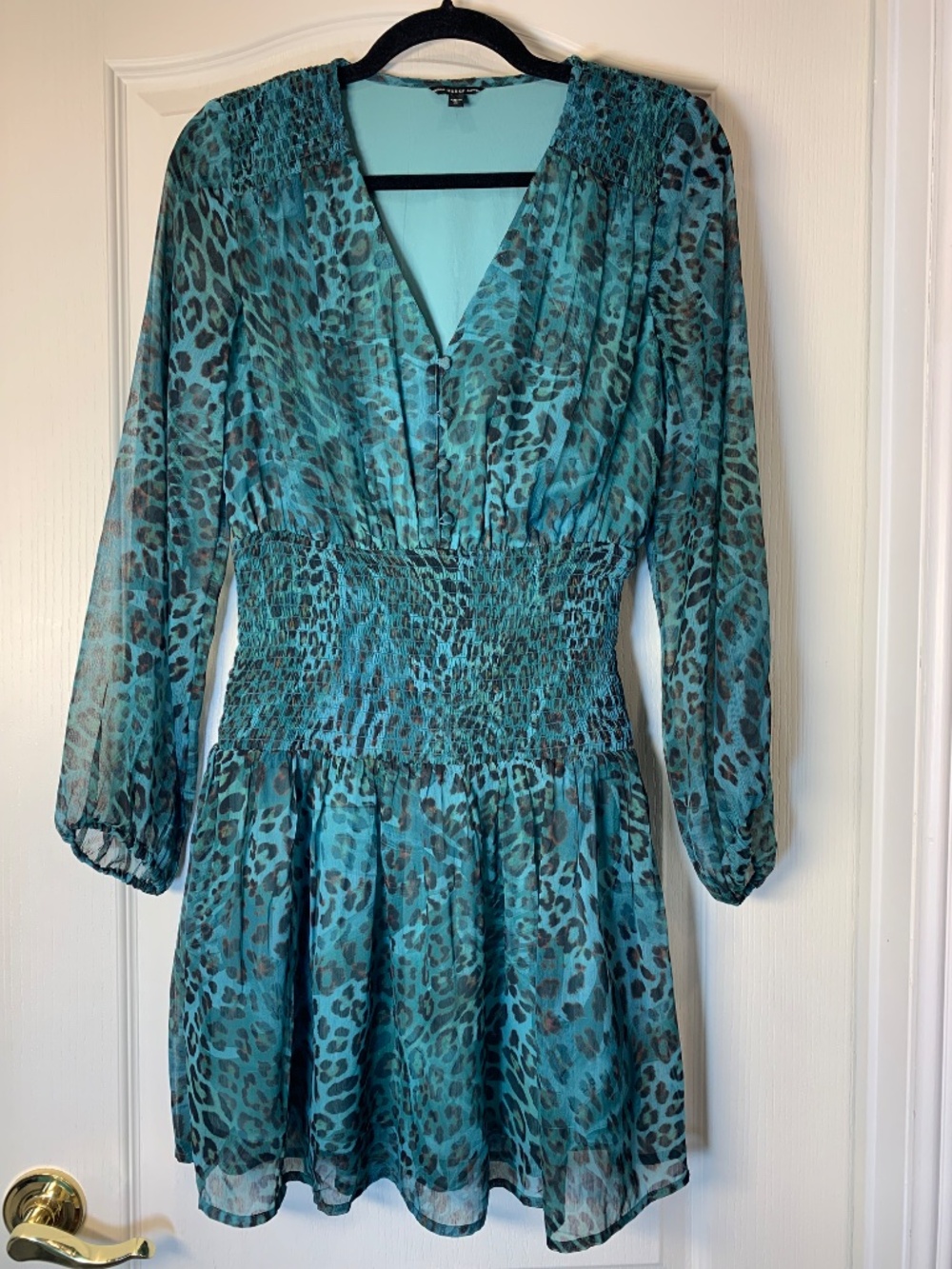 Guess Teal Leopard Print Smocked Mini Dress XS Y2K Glam Party Feminine Going Out
